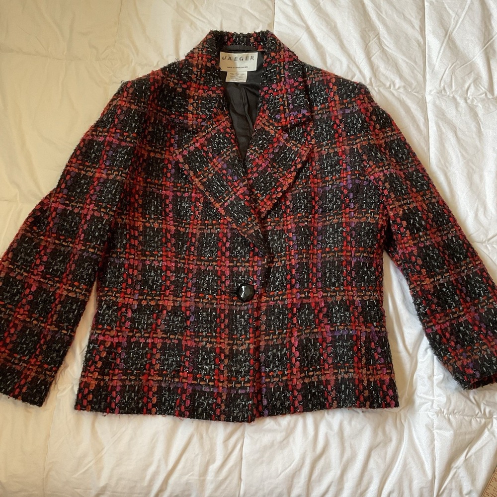 Vintage 80s Jaeger  Statement Blazer Jacket Women's sz 14 Black Plaid Boucle